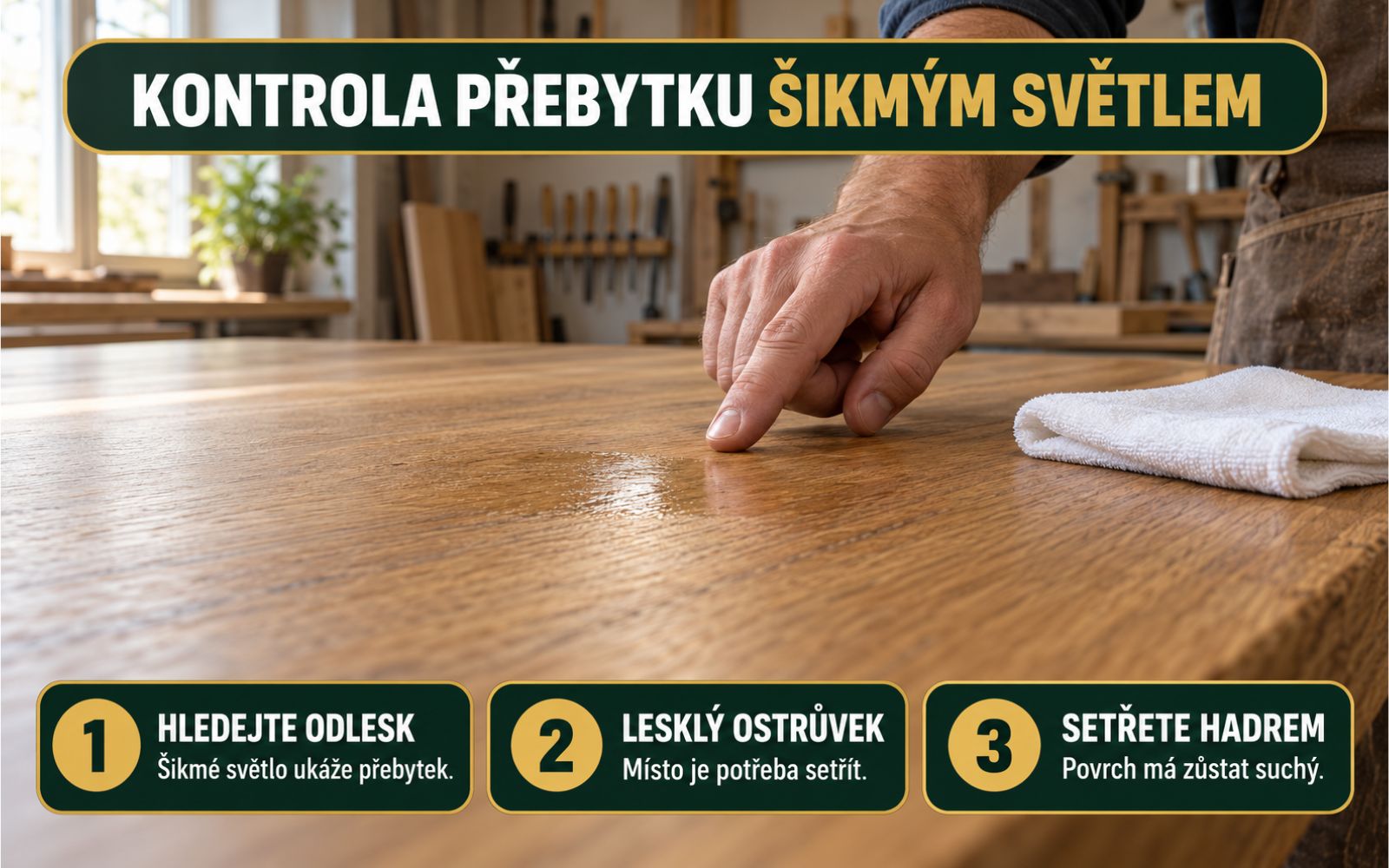 Kontrola přebytku šikmým světlem při aplikaci Oil Plus 2C